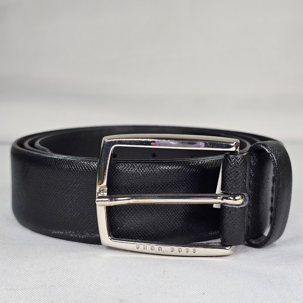 Hugo Boss Mens Black Saffiano Leather Belt Silver Buckle Made in Italy Size 36